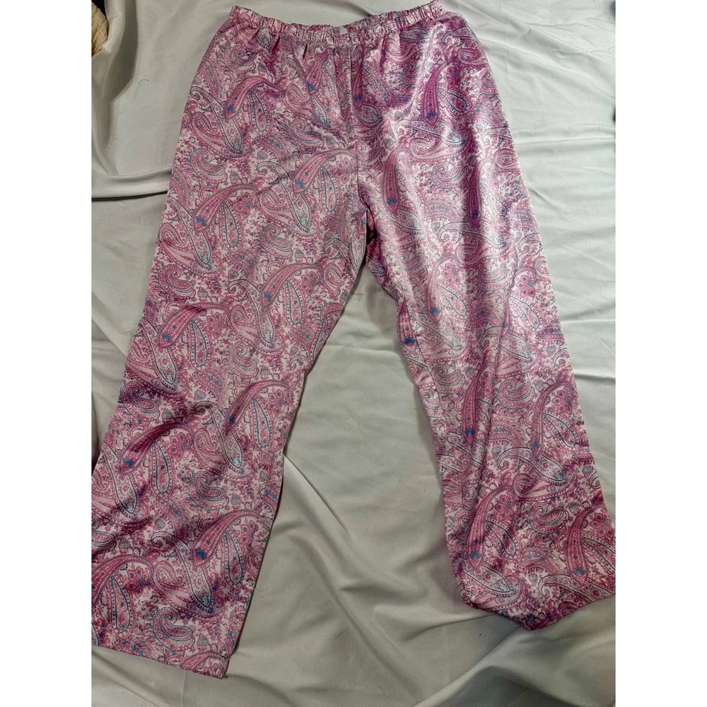 Miss Elaine Pajama Set Pink Blue Paisley Button Front Top Elastic Pants Large